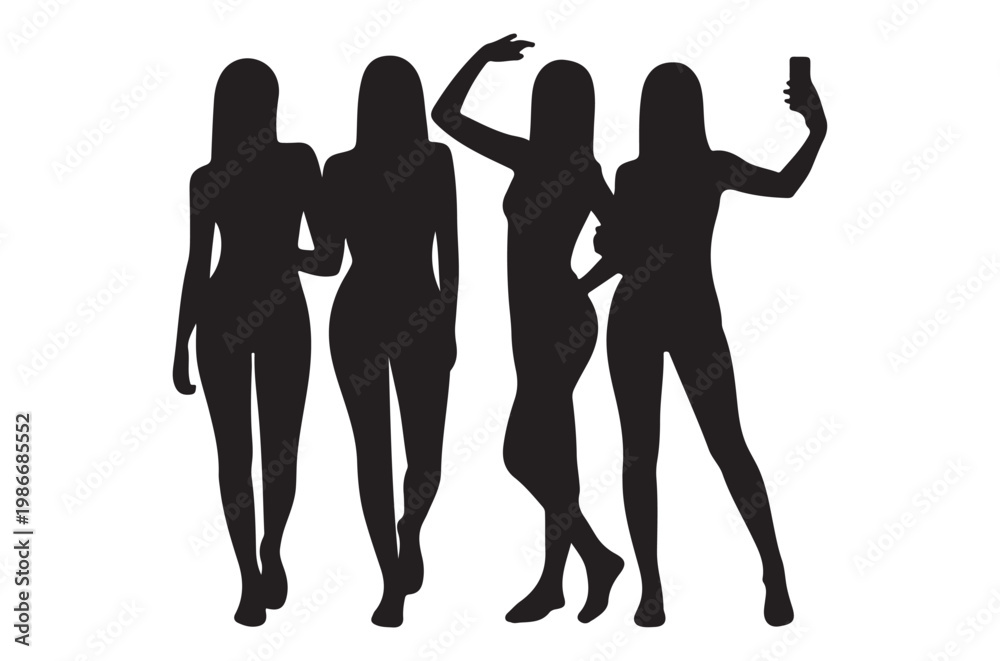 Fototapeta premium Four friends posing for a selfie in silhouette against a white background