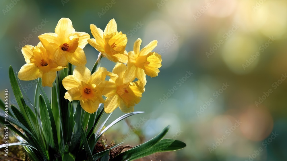 Fototapeta premium Bright Yellow Daffodils in Bloom on a Soft Blurred Background