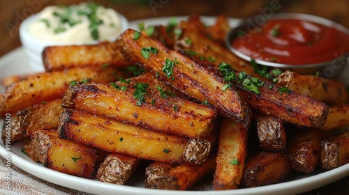 Appetizing potato fries with ketchup and mayonnaise