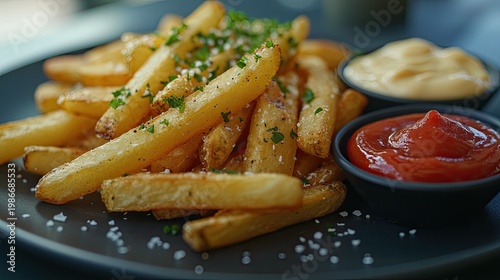 French fries with ketchup and mayonnaise on a black plate