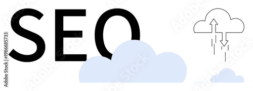 SEO concept. SEO strategies drive online visibility and improve search rankings. SEO involves optimization methods for data management and digital marketing. For technology, cloud computing, business