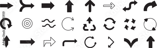 Diverse collection of arrow icons in black color, various directions and styles, isolated vector graphic.