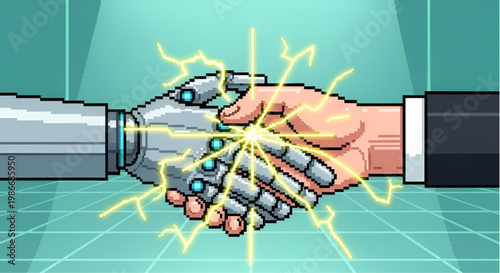 Cybernetic Handshake Between Human and Robot in Pixel Art Style