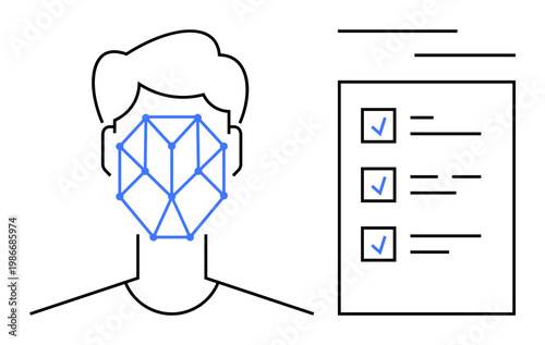 Identity verification, biometric security, facial recognition, digital privacy, access control, authentication systems. Profile of a person with a face scan and checklist. Identity verification