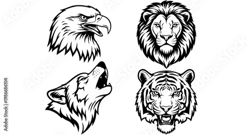 Black and white animal heads drawing.