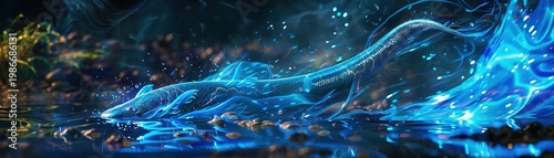 An electric eel swims through a crystalclear river, leaving a trail of vibrant blue electricity in its wake power car