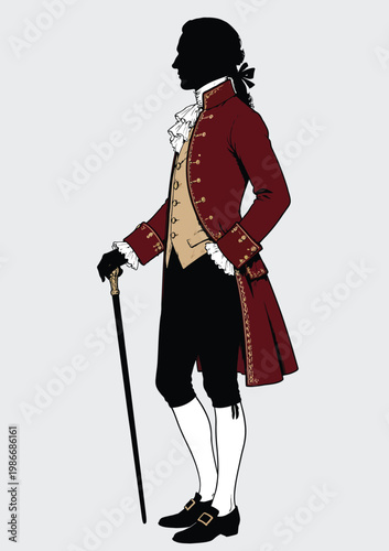 079-12-Silhouette illustration of an aristocrat in historical costume with a golden cane