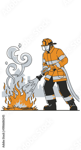 Firefighter in orange uniform extinguishing flames.