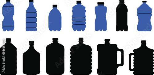 Collection of various plastic water bottles and jugs in blue and black colors on transparent background.