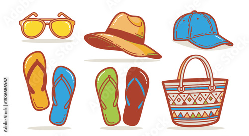 Summer vacation accessories on white.