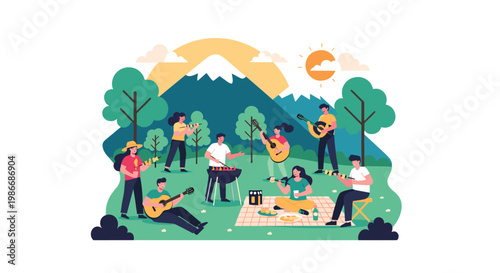 Group of friends enjoying a large outdoor picnic party with live music and barbecue grilling in front of a beautiful mountain range scenery.