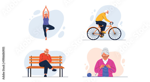 Four panels showing active elderly individuals engaged in healthy lifestyle activities such as yoga, cycling, knitting, and relaxing on a bench.