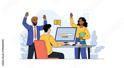 Happy diverse business team cheering and celebrating a successful project completion as a progress bar reaches one hundred percent on screen.