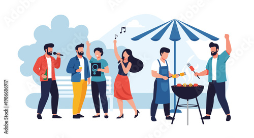 Group of diverse people having a lively backyard barbecue party with food, drinks, music, and singing under a striped outdoor umbrella.