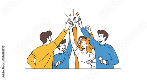 Group of happy young friends joining their hands together in a high five gesture to celebrate teamwork, friendship, and collective success.