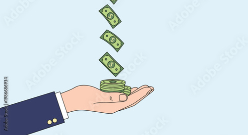 Businessman in a navy suit extending his hand to catch falling dollar bills and stacks of coins symbolizing financial success and profit gain.
