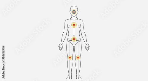 Diagram of a human body highlighting several key energy centers or chakra points for holistic healing, wellness, and alternative medicine concepts.