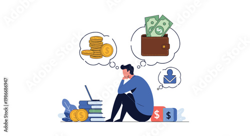 Stressed young man sitting on a stack of books while worrying about his financial situation and incoming messages represented by thought bubbles.