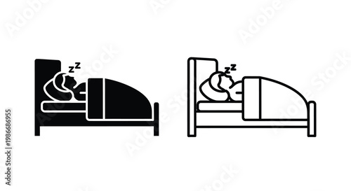Simple black and white icons depicting a person peacefully sleeping in a bed