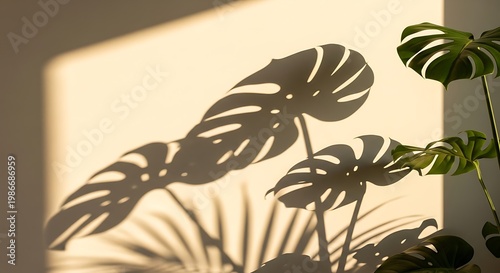 Tropical leaf shadows, monstera plant silhouette, green foliage, natural light