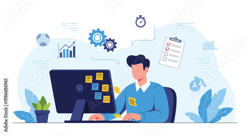 Hardworking employee sitting at an office desk with a computer monitor covered in many yellow sticky note reminders for task management.