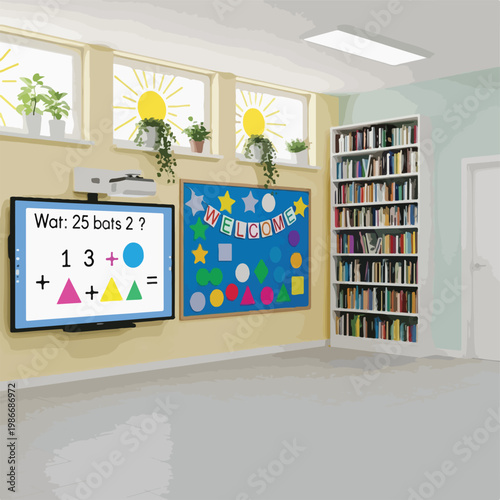 A classroom with a whiteboard, bulletin board, and bookshelf