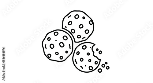 Hand drawn line art illustration of three delicious chocolate chip cookies with some small crumbs on a clean white background for food themes.