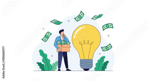 Creative businessman carrying a box of money while looking at a giant glowing lightbulb to symbolize a highly profitable business idea.