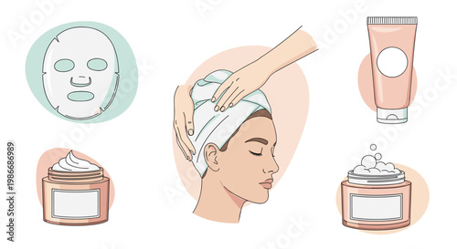 Collection of premium beauty products and facial masks for daily skincare routine and home spa self-care treatment.