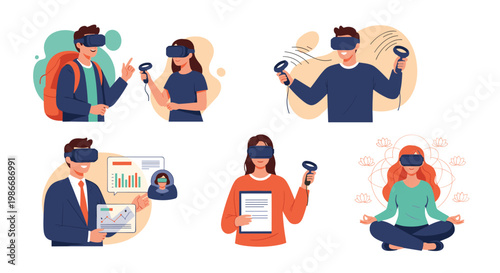 Diverse people wearing virtual reality headsets exploring immersive digital experiences for education, business and relaxation.
