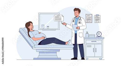 Pregnant woman lying on medical examination table talking to her doctor during routine prenatal checkup at clinic.