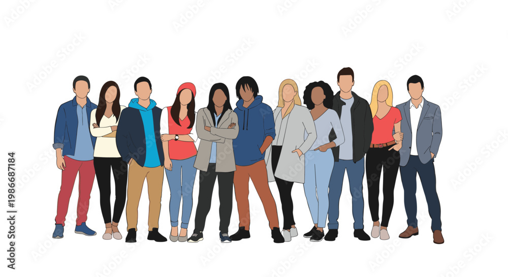 Obraz premium Diverse group of young people from different ethnicities standing together in a line with a casual style.