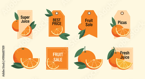 Collection of various shopping tags and labels featuring fresh orange fruit designs for juice and produce sales.