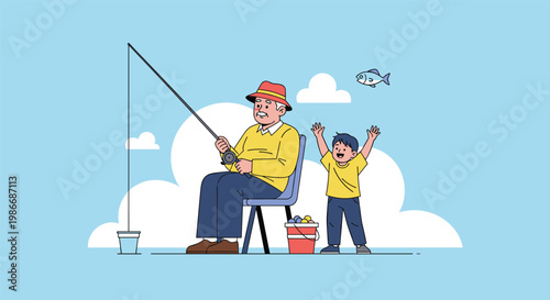 Happy grandfather sitting in a chair and fishing while his young grandson cheers enthusiastically by the lake.