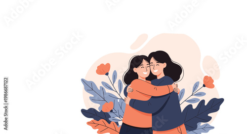 Two female friends sharing a warm and supportive hug surrounded by beautiful flowers in a soft pink background.