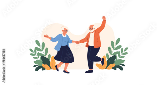 Happy elderly couple holding hands and dancing together with joy in a vibrant and healthy aging illustration.