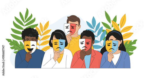 Group of diverse people holding theatrical masks with contrasting emotions of happiness and sadness over their faces.