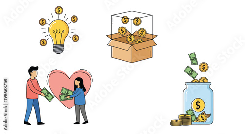 Set of business and financial icons illustrating ideas, shipping, charity donations and personal savings in a jar.