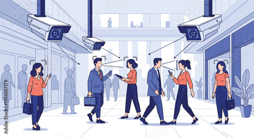 Modern public space monitored by multiple CCTV surveillance cameras using advanced facial recognition technology.