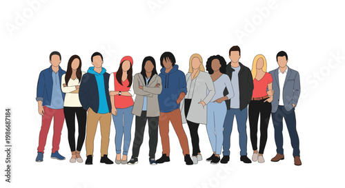 Diverse group of young people from different ethnicities standing together in a line with a casual style.
