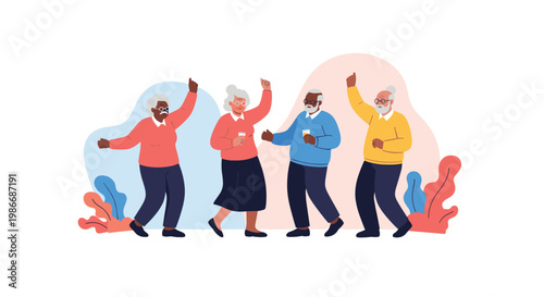 Group of four happy senior friends having a great time dancing and socialising together with drinks.