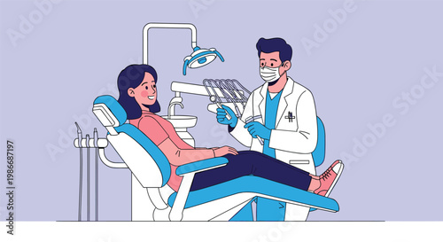 Young woman sitting in a dental chair during an examination by a professional dentist in a modern clinic.