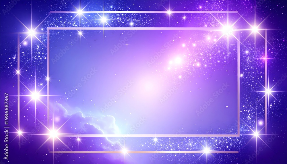 Fototapeta premium Glimmering stars twinkle around a rectangular frame amidst a cosmic, colorful, ethereal galaxy backdrop