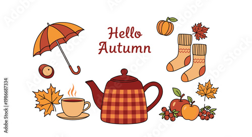 Autumnal composition includes a red plaid teapot teacup umbrella and warm socks with scattered fall leaves and fruit.