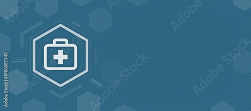Abstract medical background with a first aid kit icon in a hexagon shape for healthcare, medicine, and wellness concepts