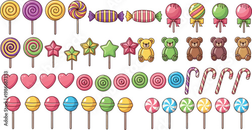 Cute Candy and Teddy Bear Illustrations Set Featuring Lollipops, Stars, Hearts, Candies, and Adorable Bears for Kids' Designs