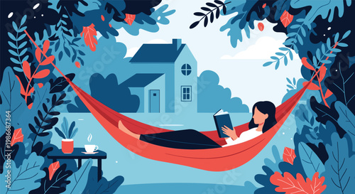 Woman relaxes in a red hammock while reading a book in a lush garden with a large house in the distant background.