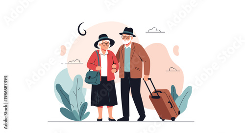 Senior couple stands together with a suitcase ready to embark on a new travel adventure during their retirement years.
