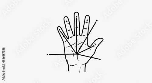 Detailed hand drawing with geometric lines and dots represents palmistry human anatomy or biometric technology concepts.