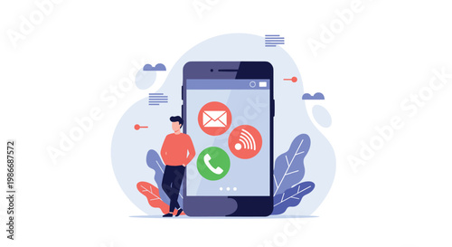 Man leans against a giant smartphone with communication icons for email phone calls and wireless signals in the background.